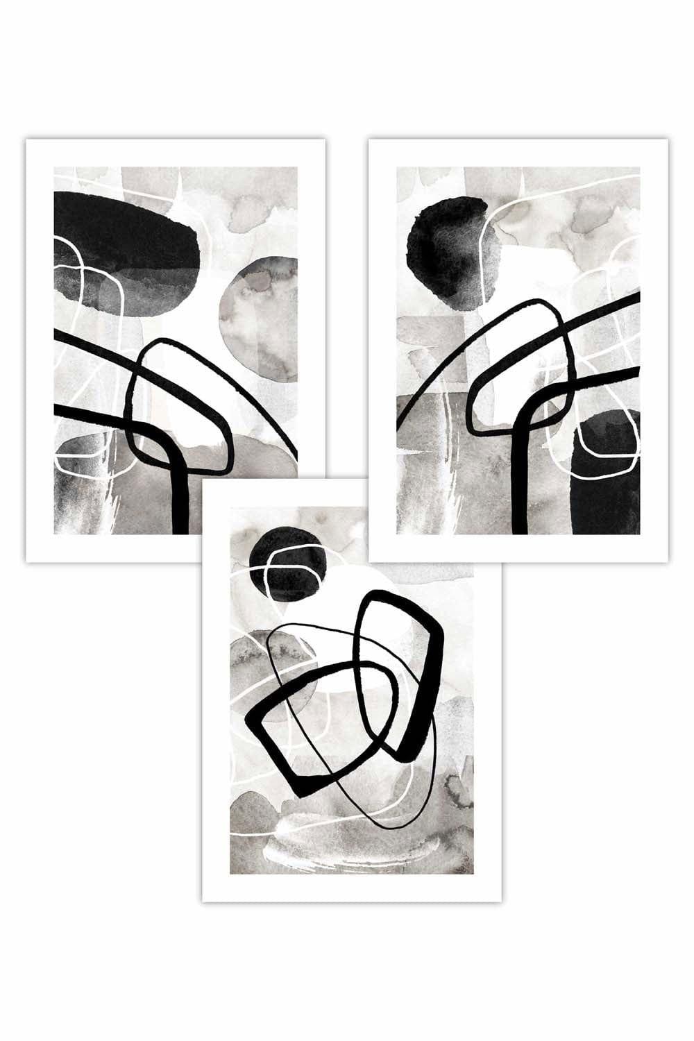 Set of 3 Abstract Black Grey Watercolour Shapes Art Posters